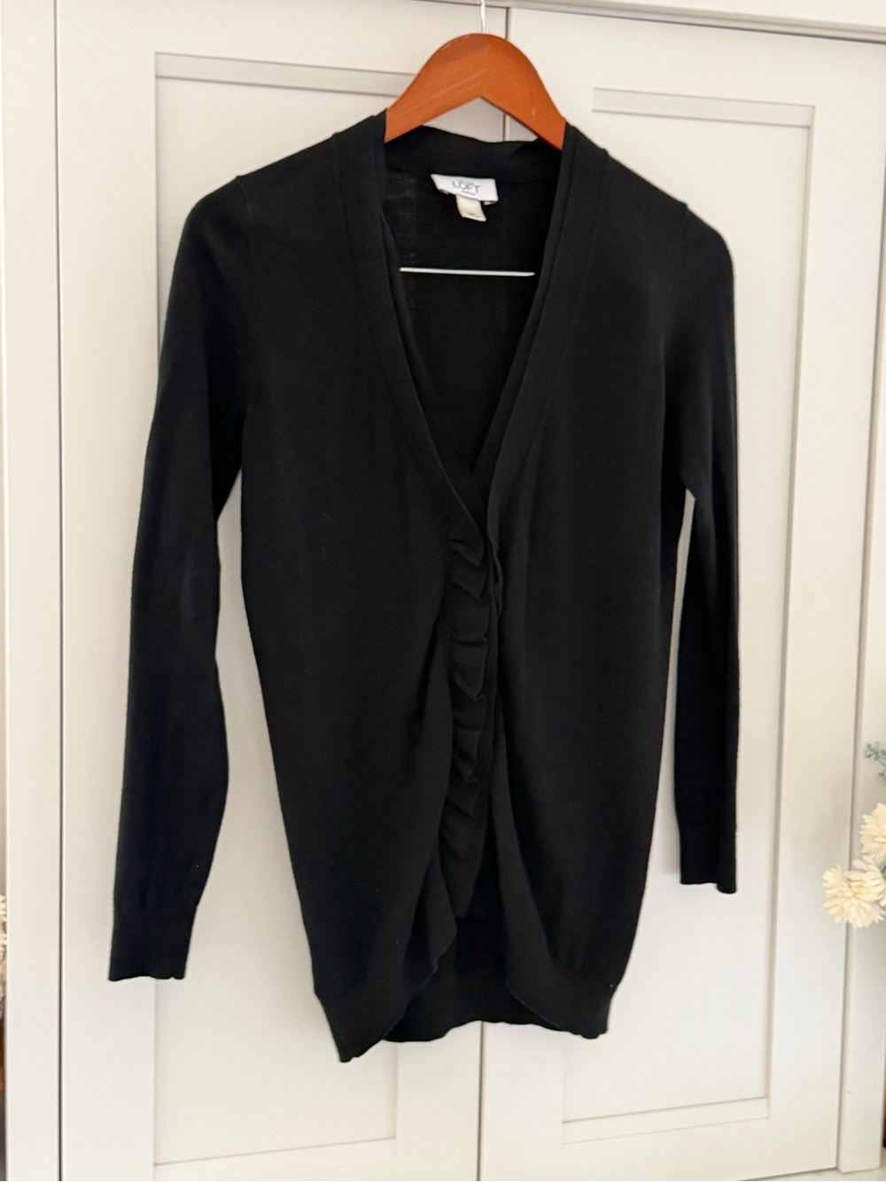 ANN TAYLOR LOFT  Black Cardigan Ruffle Sweater Size petite small Long Sleeve - Picture 2 of 9